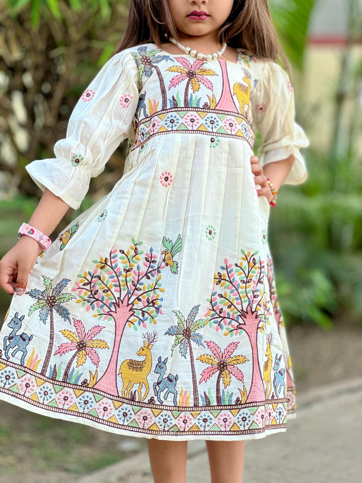 Magestic Embroidery Work on Khadi Cotton Fabric Kids Sleeve Frock