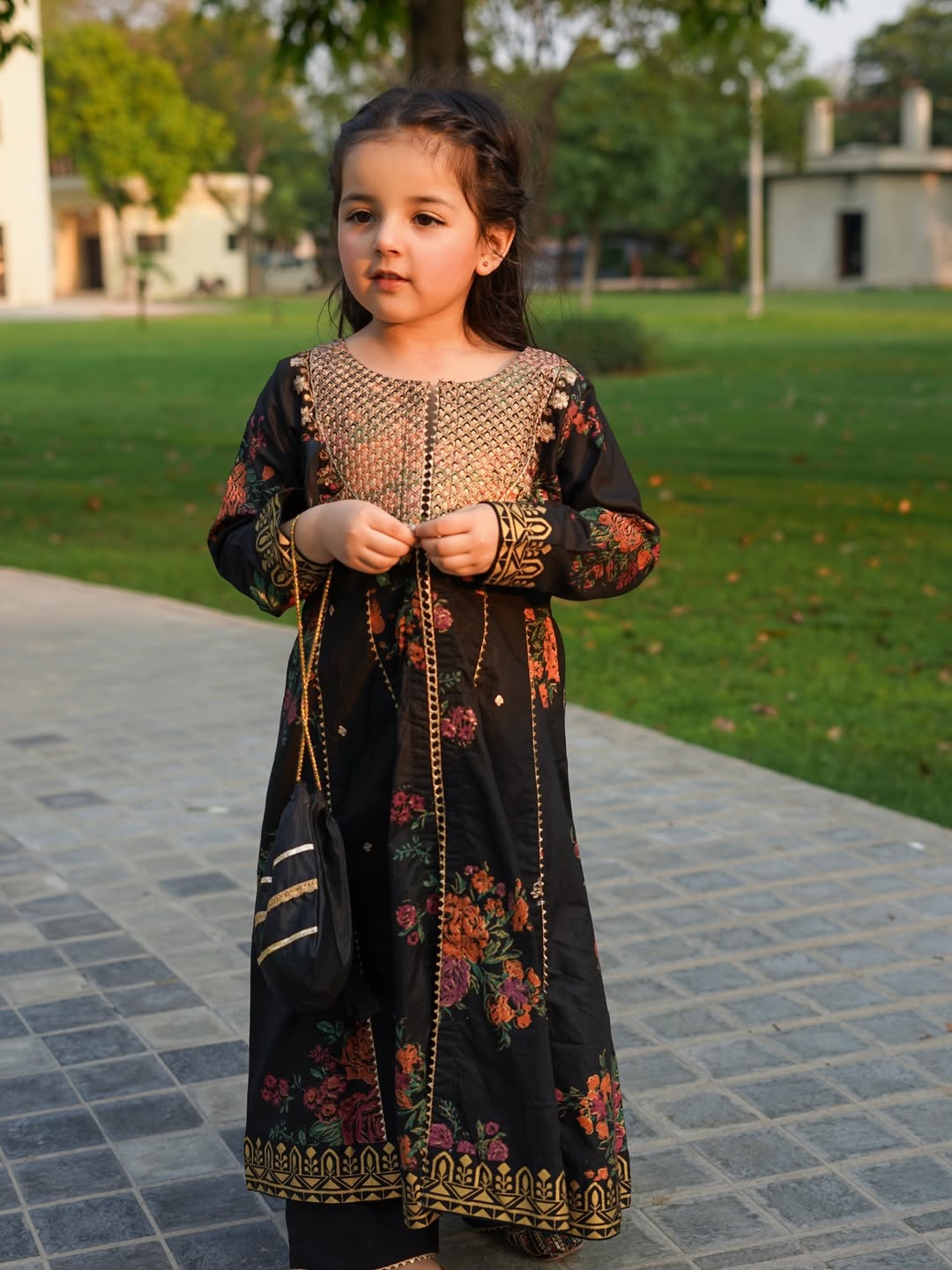 Midnight Floral Festive Anarkali Set for Little Diva