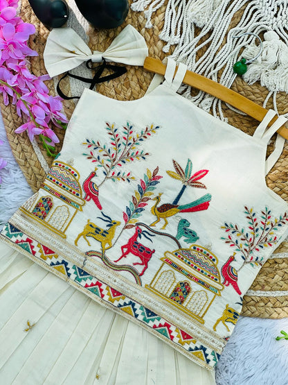 Exquisite Embroidery Work on Khadi Cotton Fabric Kids Lahenga Choli
