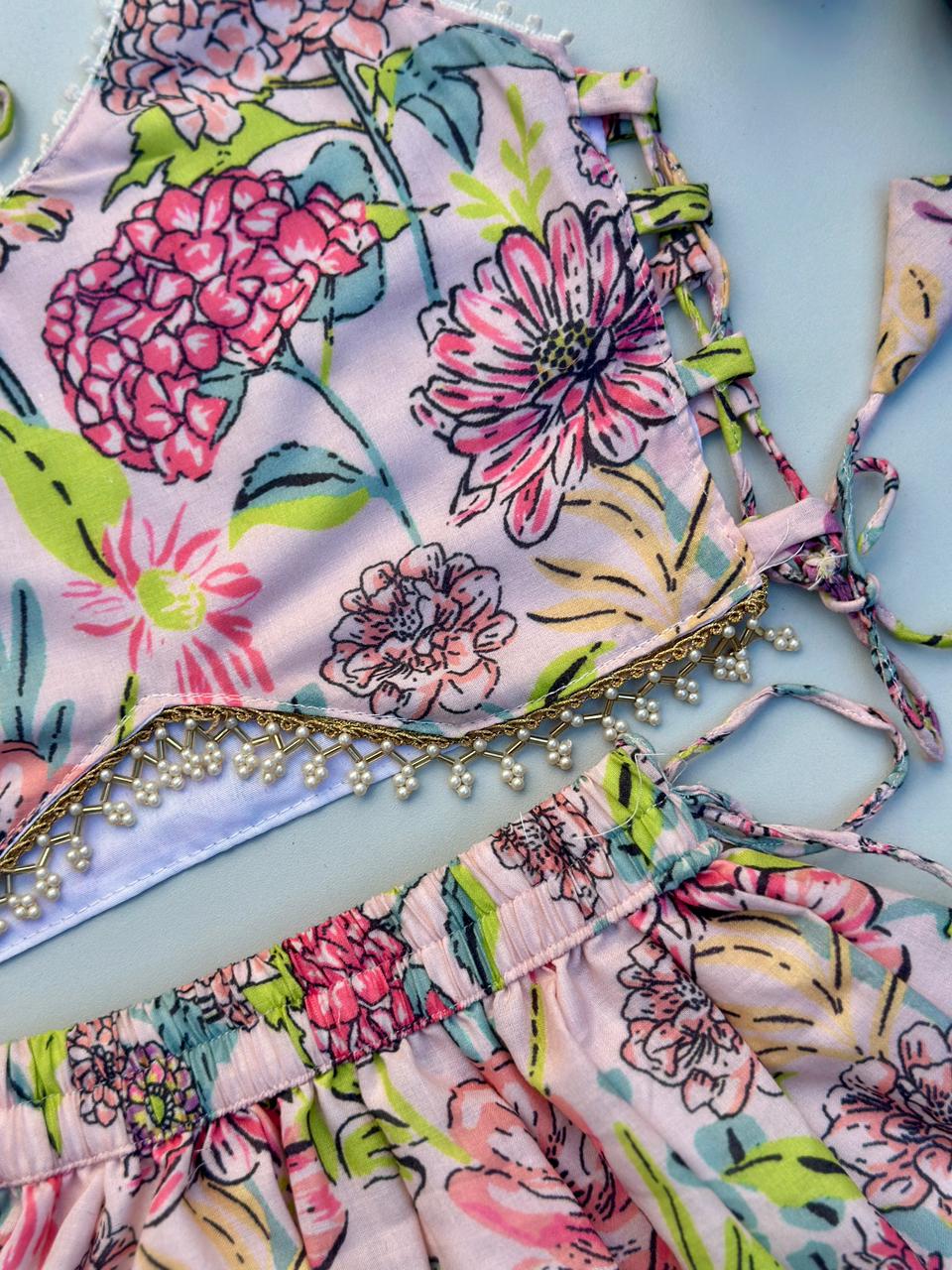 Designer Pastel Floral Halter Neck Skirt Set